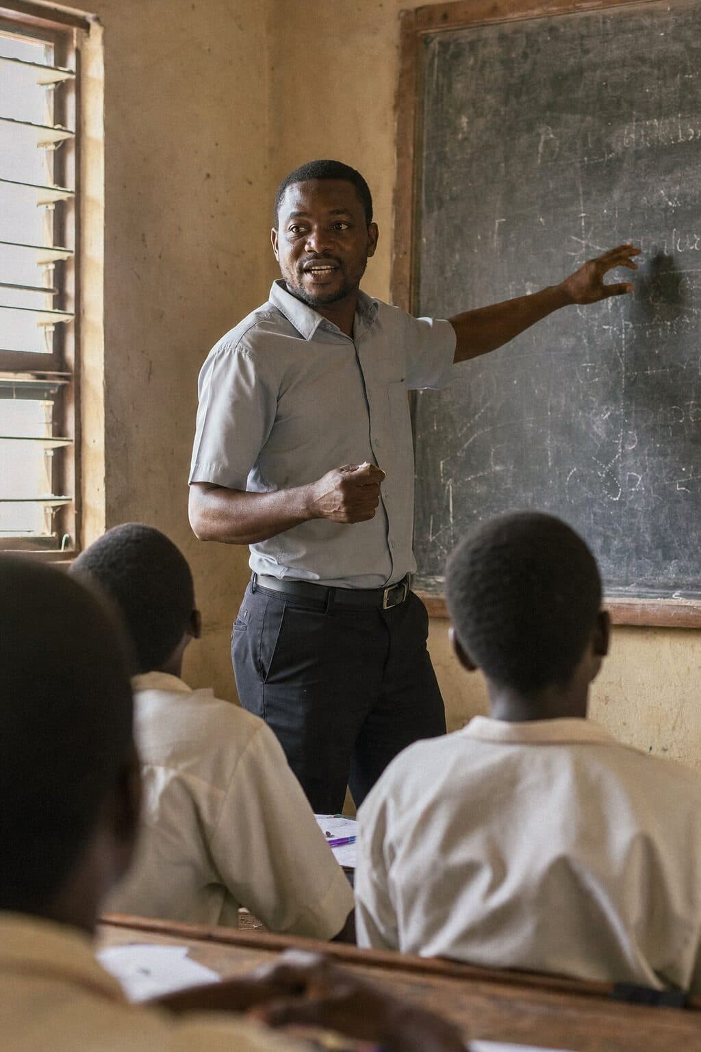 A teacher explaining a topic to students in an SS3 classroom