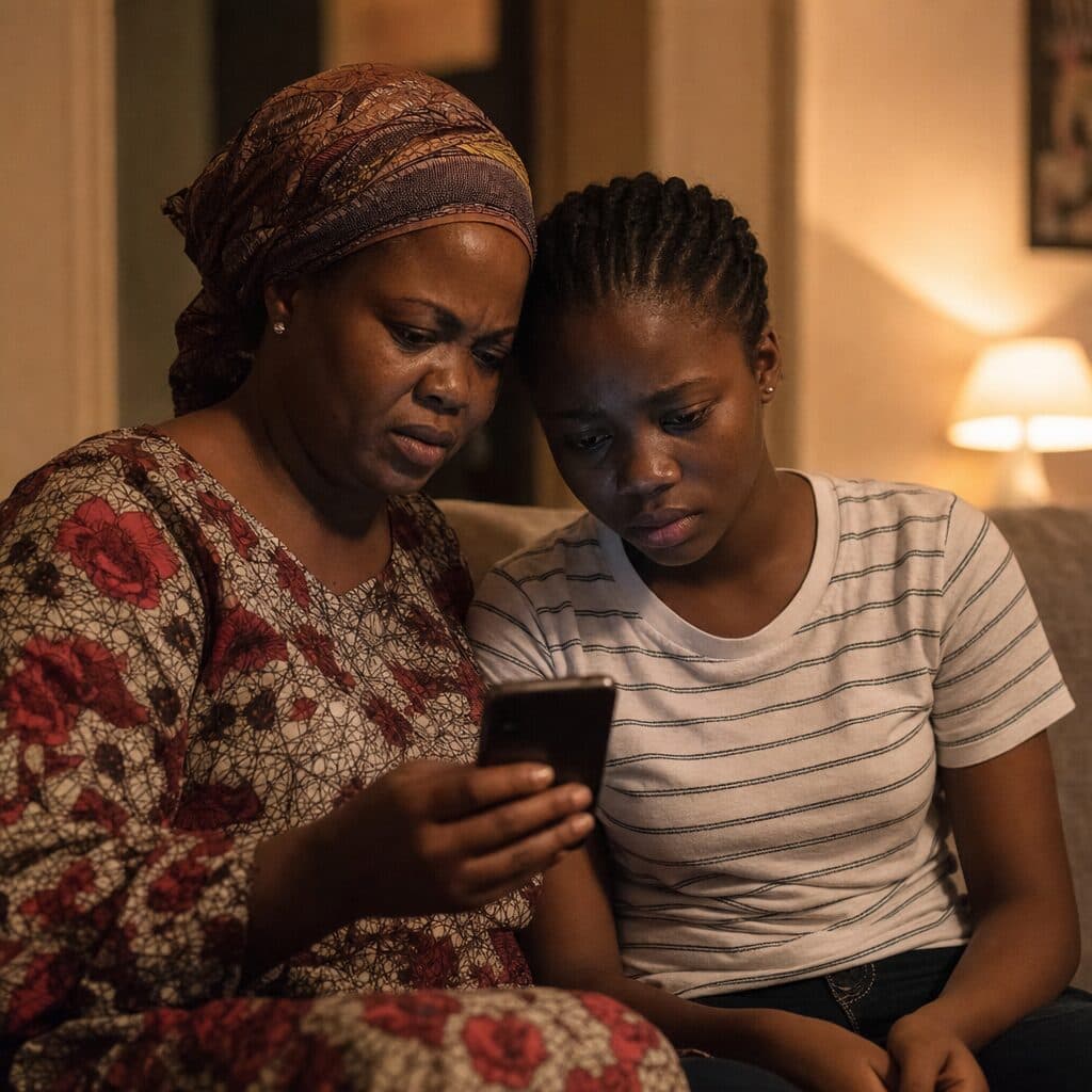A parent and their child looking at a JAMB result together