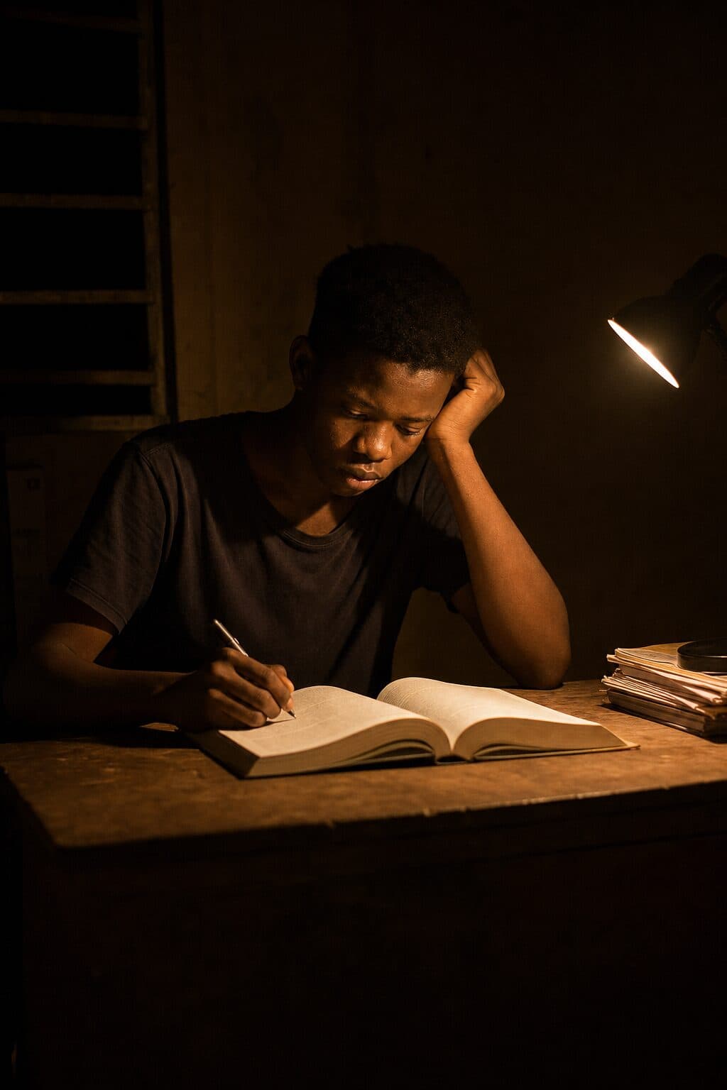A student studying late at night by lamplight