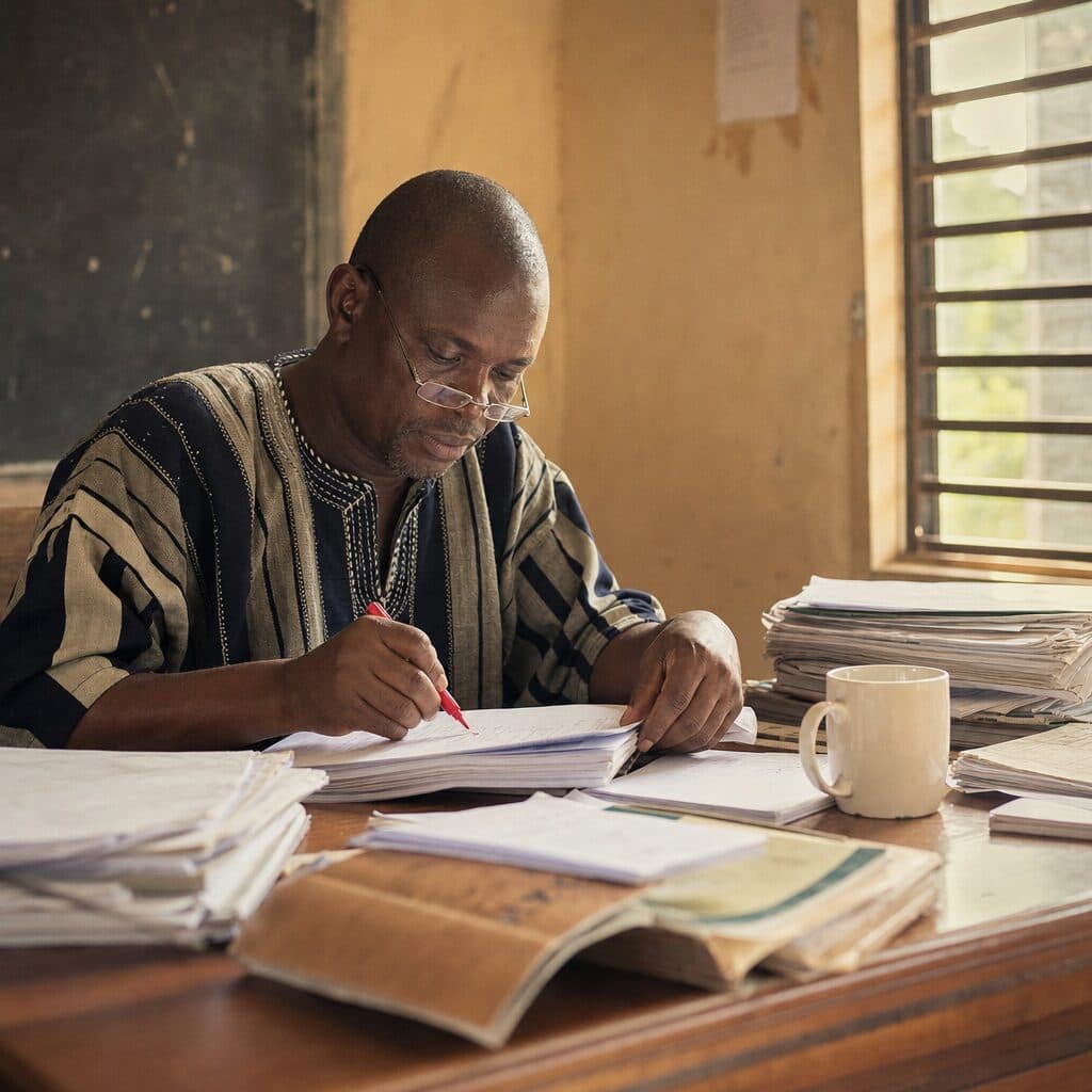 A teacher marking scripts at a desk